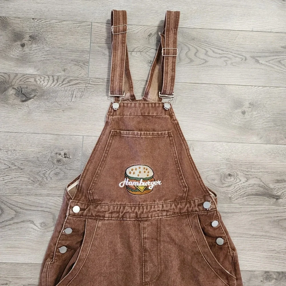 Embroidered Hamburger Logo‎ Denim Overalls Jeans Brown  Women's S RARE